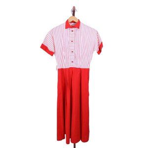 Vintage 1950s Red Striped Dress Teena Paige Shirtdress | W 24"